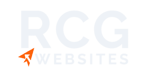 "RCG WEBSITES" text in white on a transparent background, with an orange cursor logo in the on the left side.
